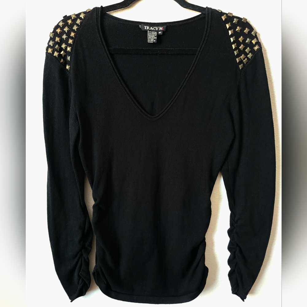 Studded Shoulder Black Rouched Sleeve Sweater